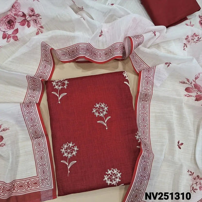 Red semi linen unstitched salwar material (textured,lining optional)thread embroidery on front, silk cotton botttom, floral printed semi linen dupatta. NV251310