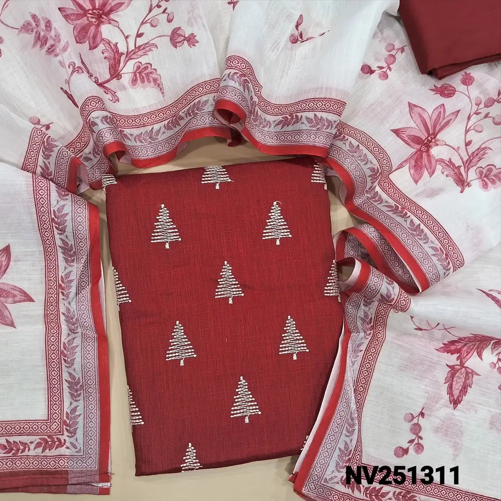 Red semi linen unstitched salwar material (textured,lining optional)thread embroidery on front, silk cotton botttom, floral printed semi linen dupatta. NV251311