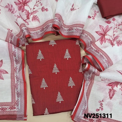 Red semi linen unstitched salwar material (textured,lining optional)thread embroidery on front, silk cotton botttom, floral printed semi linen dupatta. NV251311
