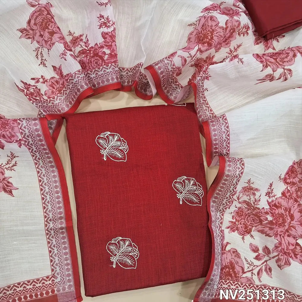 Red semi linen unstitched salwar material (textured,lining optional)thread embroidery on front, silk cotton botttom, floral printed semi linen dupatta.  NV251313