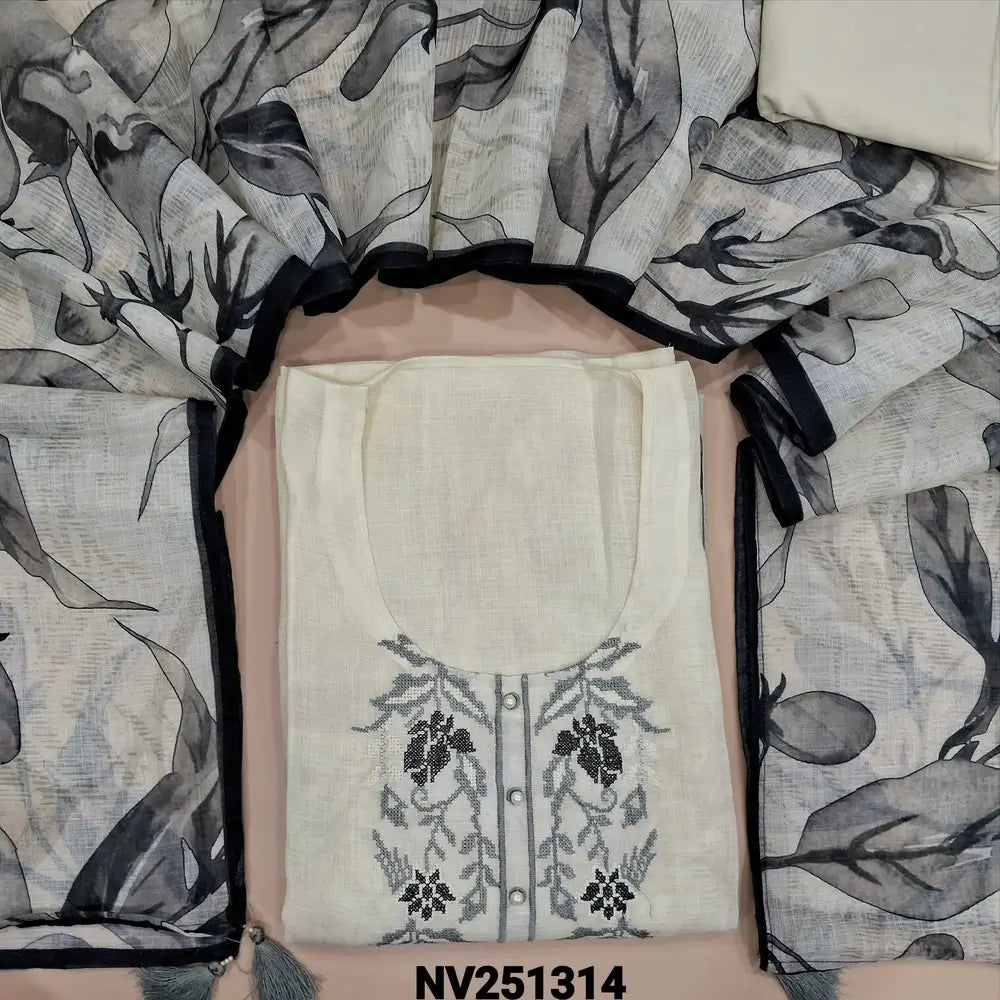 Half white Premium linen unstitched salwar material (textured,lining needed)cross stitch embroidery and pearl bead on yoke, printed design on daman, matching spun bottom,digital printed premium linen dupatta. NV251314