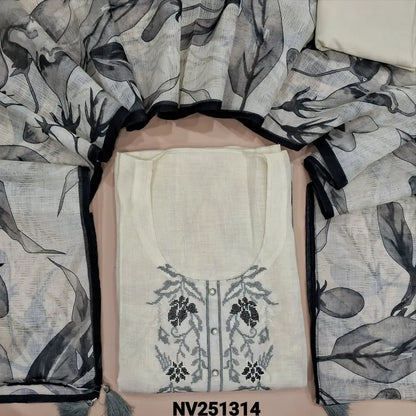 Half white Premium linen unstitched salwar material (textured,lining needed)cross stitch embroidery and pearl bead on yoke, printed design on daman, matching spun bottom,digital printed premium linen dupatta. NV251314