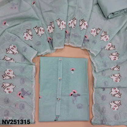 Pastel blue mul chanderi unstitched salwar material (soft,lining needed) bead work on yoke,floral embroidery on front, pichwai work on daman, spun cotton bottom, pichwai embroidery on mul chanderi dupatta. NV251315