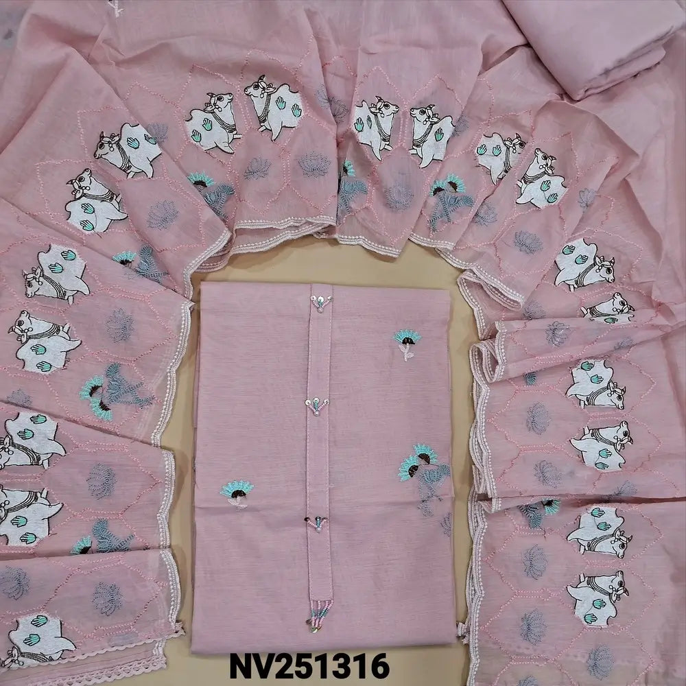 Pastel pink mul chanderi unstitched salwar material (soft,lining needed) bead work on yoke,floral embroidery on front, pichwai work on daman, spun cotton bottom, pichwai embroidery on mul chanderi dupatta. NV251316