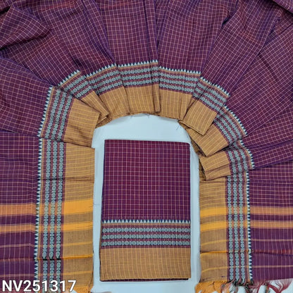 Purplish pink south mercerized handloom cotton unstitched salwar material(thin, lining needed) checked allover with contrast traditional thread woven border, bottom included with top, checked mercerized handloom cotton dupatta with tassels. NV251317