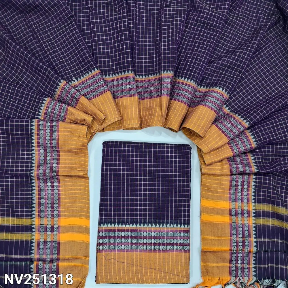 Dark purple south mercerized handloom cotton unstitched salwar material(thin, lining needed) checked allover with contrast traditional thread woven border, bottom included with top, checked mercerized handloom cotton dupatta with tassels. NV251318