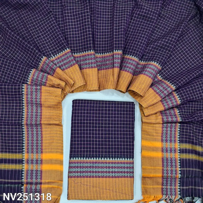 Dark purple south mercerized handloom cotton unstitched salwar material(thin, lining needed) checked allover with contrast traditional thread woven border, bottom included with top, checked mercerized handloom cotton dupatta with tassels. NV251318