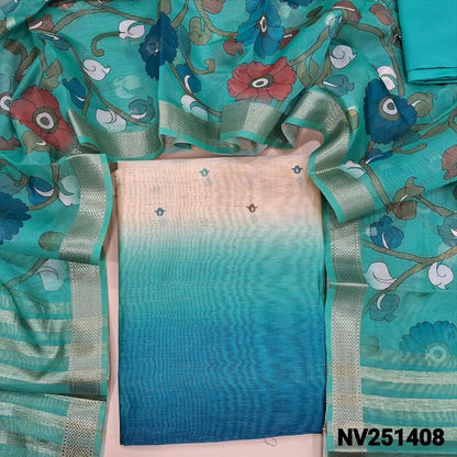 Half white base digital silk cotton unstitched salwar material (lining needed) green and blue shade on daman, printed all over, light turquoise blue silky bottom, digital printed and zari buttas on silk cotton dupatta with zari lines on pallu. NV251408