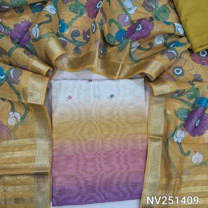 Half white base digital silk cotton unstitched salwar material (lining needed) yellow and peach shade on daman, printed all over,mehandhi yellow silky bottom, digital printed and zari buttas on silk cotton dupatta with zari lines on pallu. NV251409