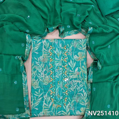Light turquoise green fancy jute silk unstitched salwar material(textured, lining needed)real mirror work on yoke,leafy and floral printed all over, silk cotton bottom, thread and sequins work on fancy chiffon dupatta with tapings. NV251410