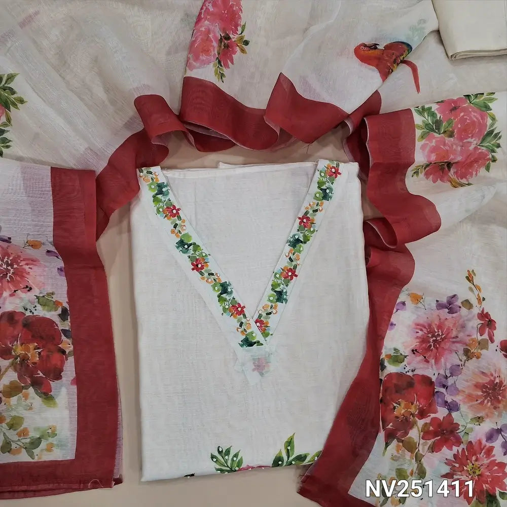 Half white base fancy silk cotton unstitched salwar material,(lining needed) v neck with colorful floral print,rich hand embroidery on front, fancy lace work on daman, matching soft silk cotton bottom, digital printed silk cotton dupatta. NV251411