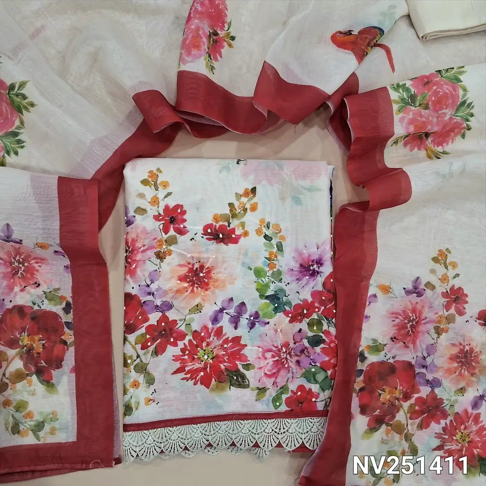 Half white base fancy silk cotton unstitched salwar material,(lining needed) v neck with colorful floral print,rich hand embroidery on front, fancy lace work on daman, matching soft silk cotton bottom, digital printed silk cotton dupatta. NV251411