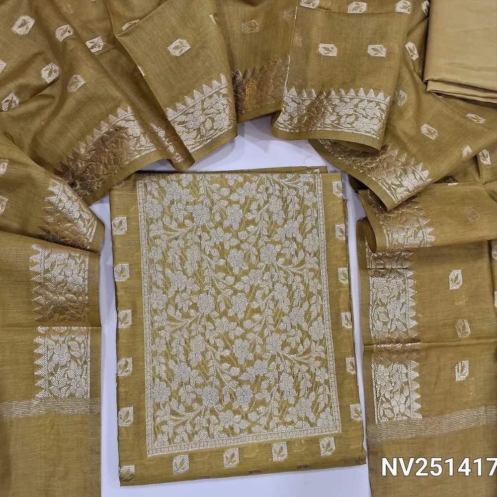 Mehandhi yellow fancy silk unstitched salwar material(silky, lining need)zari woven on yoke, zari weaving all over, matching silky bottom, benarasi weaving buttas on soft silk cotton dupatta with borders. NV251417
