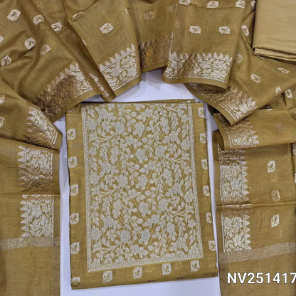 Mehandhi yellow fancy silk unstitched salwar material(silky, lining need)zari woven on yoke, zari weaving all over, matching silky bottom, benarasi weaving buttas on soft silk cotton dupatta with borders. NV251417