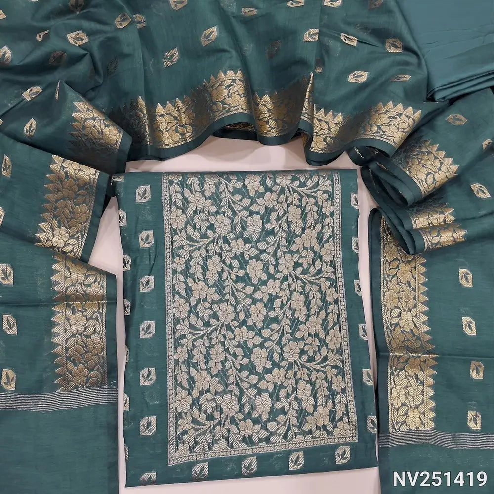 Greenish grey fancy silk unstitched salwar material(silky, lining need)zari woven on yoke, zari weaving all over, matching silky bottom, benarasi weaving buttas on soft silk cotton dupatta with borders. NV251419