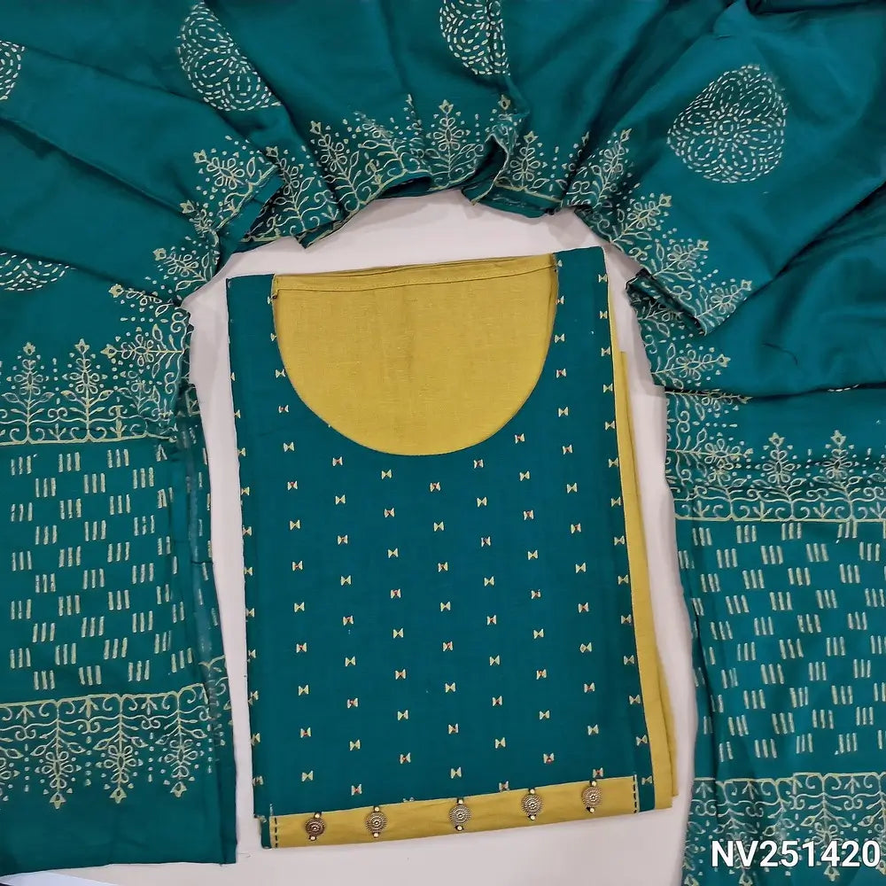 Fenugreek yellow Premium cotton unstitched salwar material,(lining optional)teal green yoke with bead and fancy buttons, panel design with kantha stitch and thread embroidery, matching cotton bottom, block printed pure cotton dupatta. NV251420