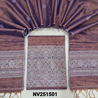 Designer Purplish pink & golden tint pure Tissue linen unstitched salwar material (silky, Lining Needed) heavy silver zari banarasi woven on daman, NO BOTTOM, tissue linen full length dupatta with silver zari woven  on pallu & tassels. NV251501