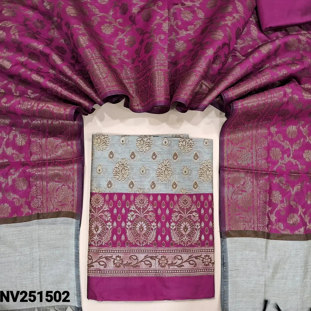 Light grey and rani pink benarasi zari woven soft silk cotton unstitched salwar material, heavy weaving all over (Soft, lining needed) contrast silky bottom, rich benarasi zari woven soft silk cotton dupatta with borders. NV251502