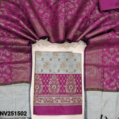 Light grey and rani pink benarasi zari woven soft silk cotton unstitched salwar material, heavy weaving all over (Soft, lining needed) contrast silky bottom, rich benarasi zari woven soft silk cotton dupatta with borders. NV251502