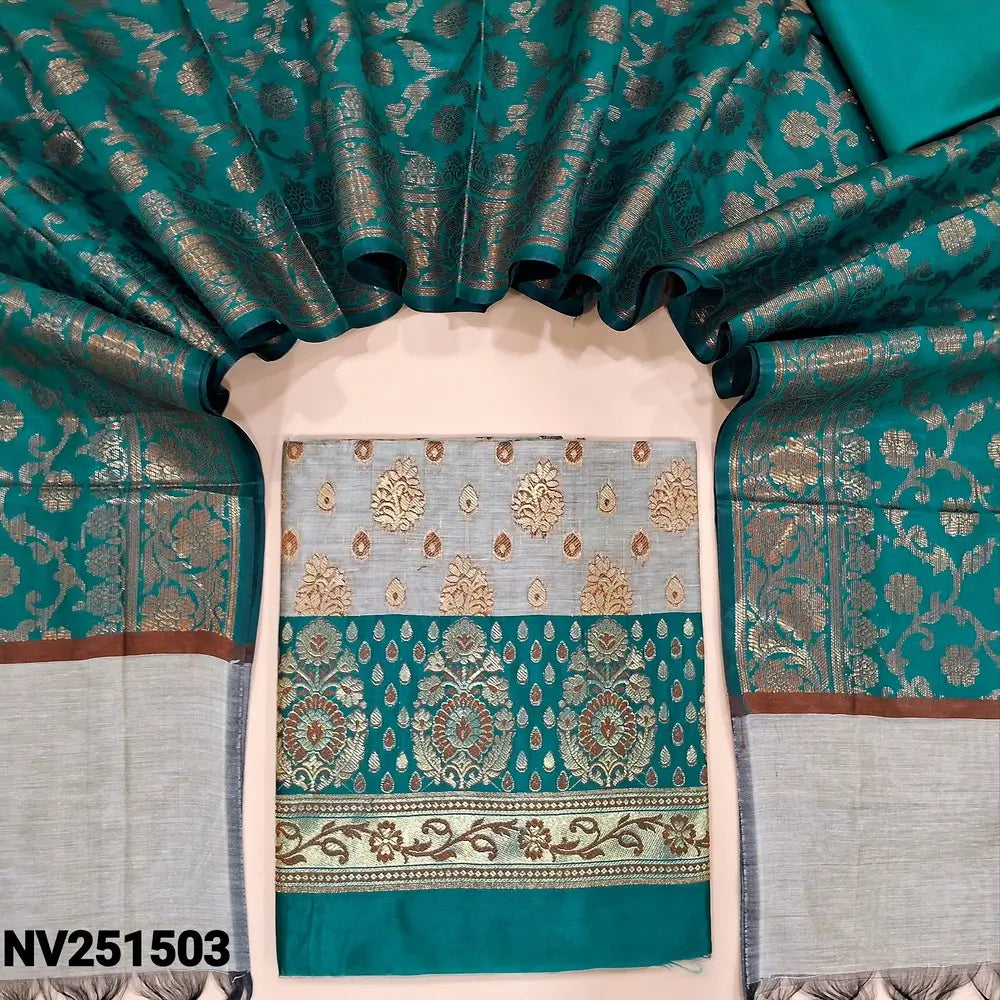 Light grey and turquoise blue benarasi zari woven soft silk cotton unstitched salwar material, heavy weaving all over (Soft, lining needed) contrast silky bottom, rich benarasi zari woven soft silk cotton dupatta with borders. NV251503
