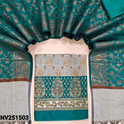 Light grey and turquoise blue benarasi zari woven soft silk cotton unstitched salwar material, heavy weaving all over (Soft, lining needed) contrast silky bottom, rich benarasi zari woven soft silk cotton dupatta with borders. NV251503