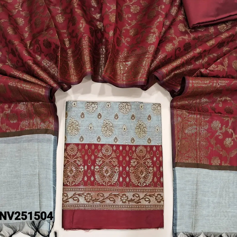 Light grey and reddish maroon benarasi zari woven soft silk cotton unstitched salwar material, heavy weaving all over (Soft, lining needed) contrast silky bottom, rich benarasi zari woven soft silk cotton dupatta with borders. NV251504