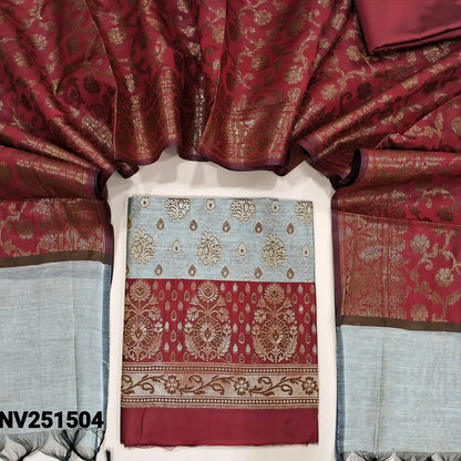 Light grey and reddish maroon benarasi zari woven soft silk cotton unstitched salwar material, heavy weaving all over (Soft, lining needed) contrast silky bottom, rich benarasi zari woven soft silk cotton dupatta with borders. NV251504