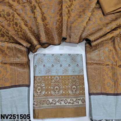 Light grey and mehandi yellow benarasi zari woven soft silk cotton unstitched salwar material, heavy weaving all over (Soft, lining needed) contrast silky bottom, rich benarasi zari woven soft silk cotton dupatta with borders. NV251505