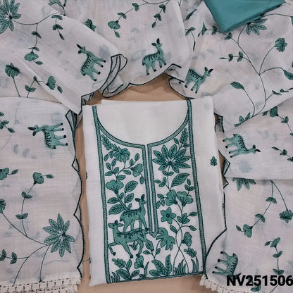 Half white semi linen unstitched salwar material, embroidery work on yoke and front (Lightweight, textured, lining needed) pastel blue silky bottom, embroidered matching dupatta with lace tapings. NV251506