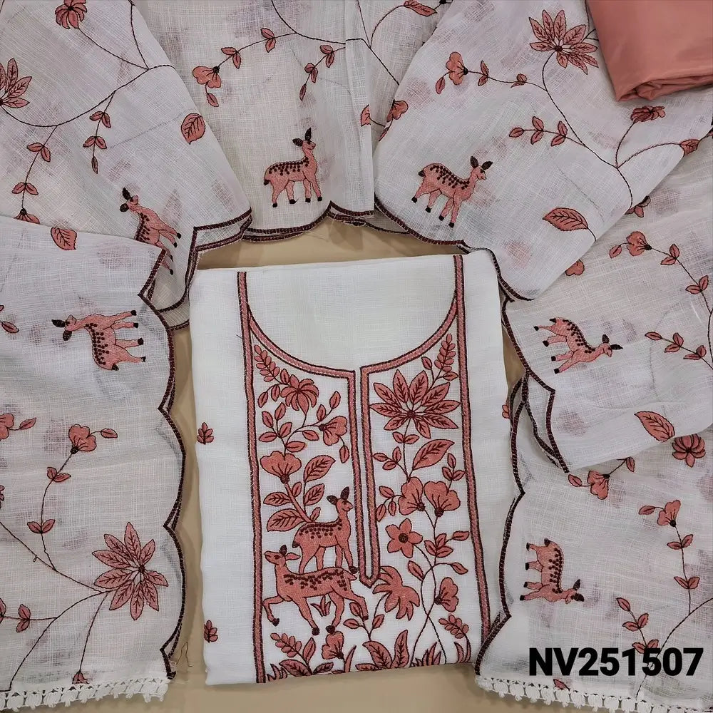 Half white semi linen unstitched salwar material, embroidery work on yoke and front (Lightweight, textured, lining needed) pastel pink silky bottom, embroidered matching dupatta with lace tapings. NV251507