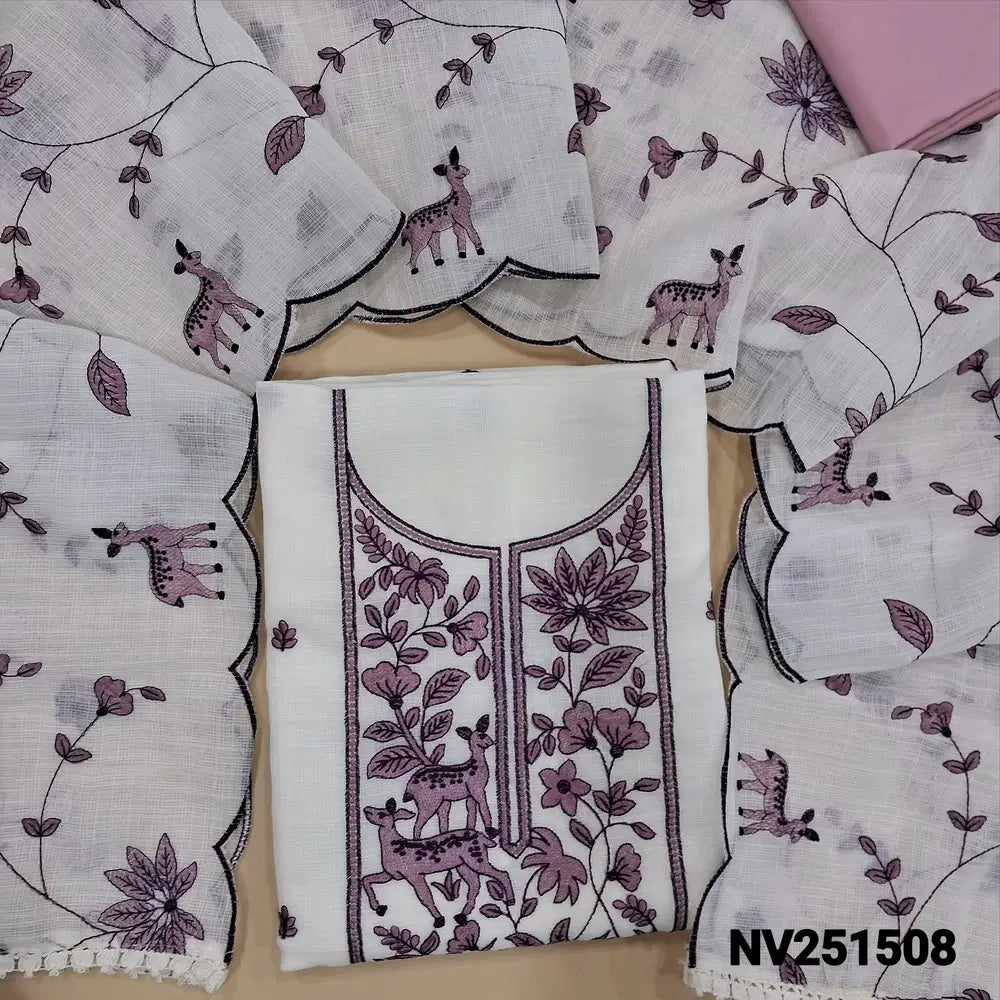 Half white semi linen unstitched salwar material, embroidery work on yoke and front (Lightweight, textured, lining needed) purplish pink silky bottom, embroidered matching dupatta with lace tapings. NV251508