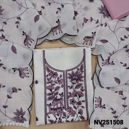Half white semi linen unstitched salwar material, embroidery work on yoke and front (Lightweight, textured, lining needed) purplish pink silky bottom, embroidered matching dupatta with lace tapings. NV251508