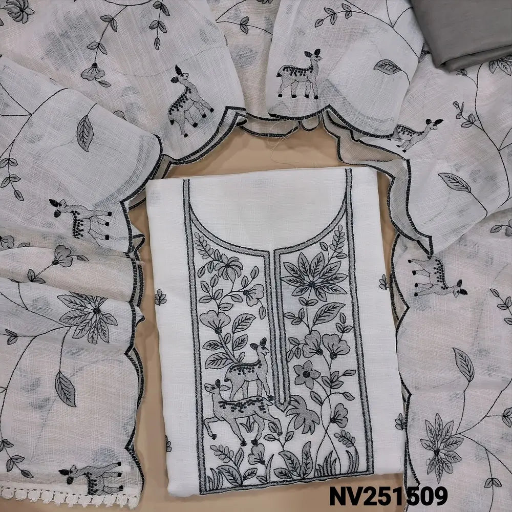 Half white semi linen unstitched salwar material, embroidery work on yoke and front (Lightweight, textured, lining needed) grey silky bottom, embroidered matching dupatta with lace tapings. NV251509