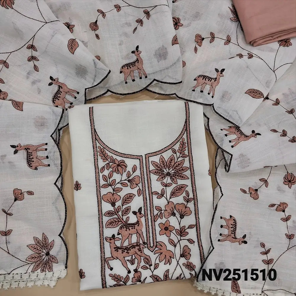 Half white semi linen unstitched salwar material, embroidery work on yoke and front (Lightweight, textured, lining needed) Peachish pink silky bottom, embroidered matching dupatta with lace tapings. NV251510