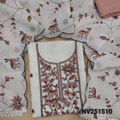 Half white semi linen unstitched salwar material, embroidery work on yoke and front (Lightweight, textured, lining needed) Peachish pink silky bottom, embroidered matching dupatta with lace tapings. NV251510
