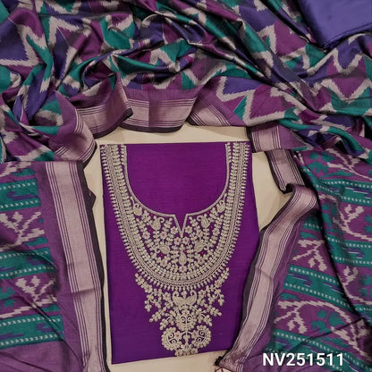Designer premium raw silk Purplish Pink unstitched salwar material, heavy zari and sequins work on yoke (Textured, Lining Needed) Violet silk cotton bottom, multicolored ikat printed fancy silk dupatta with fancy tassels. NV251511