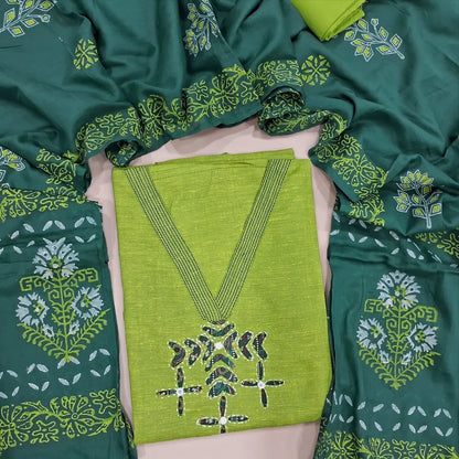 Green premium handloom cotton unstitched salwar material, V neckline and applique work on yoke (Thin, Lining Needed) beetroot purple cotton bottom, handblock printed mul cotton dupatta. NV251512