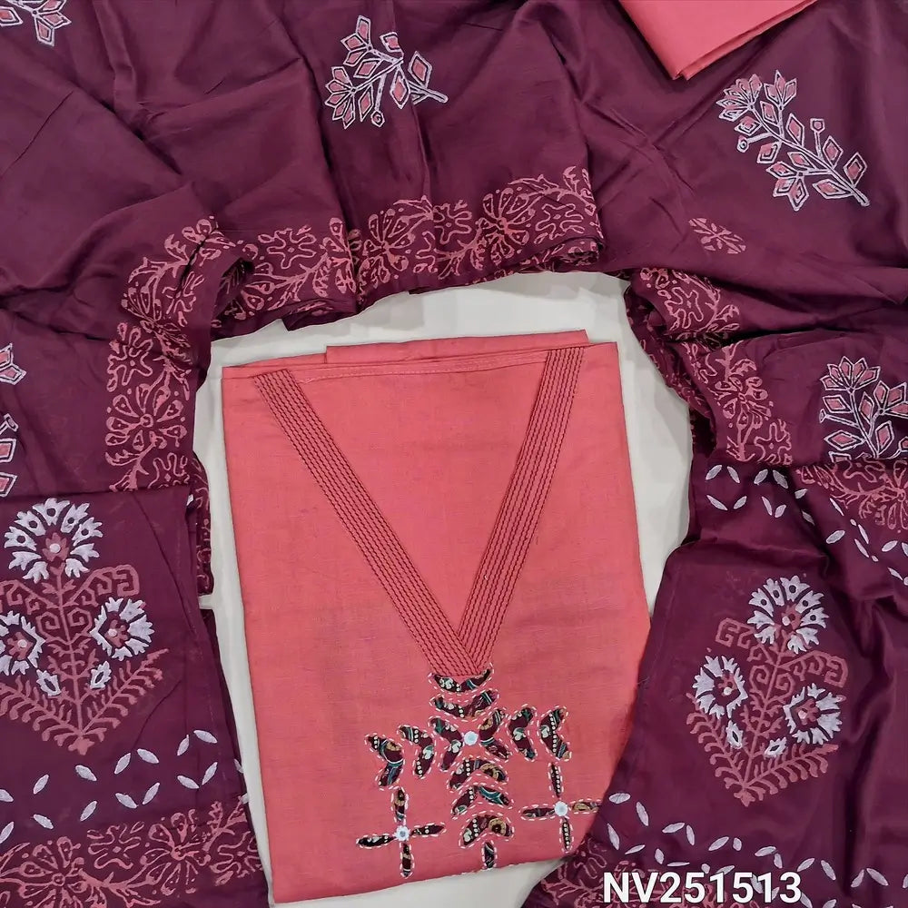 Peachish pink premium handloom cotton unstitched salwar material, V neckline and applique work on yoke (Thin, Lining Needed) beetroot purple cotton bottom, handblock printed mul cotton dupatta. NV251513