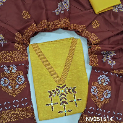 Yellow premium handloom cotton unstitched salwar material, V neckline and applique work on yoke (Thin, Lining Needed) Contrast maroon cotton bottom, handblock printed mul cotton dupatta. NV251514