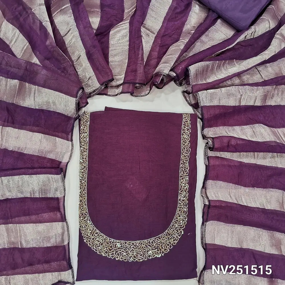 Dark beetroot purple soft silk cotton unstitched salwar material (Lining needed) sugar bead, sequins on yoke, matching silky bottom, tissue lines silk cotton dupatta. NV251515
