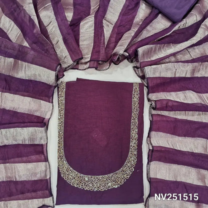 Dark beetroot purple soft silk cotton unstitched salwar material (Lining needed) sugar bead, sequins on yoke, matching silky bottom, tissue lines silk cotton dupatta. NV251515