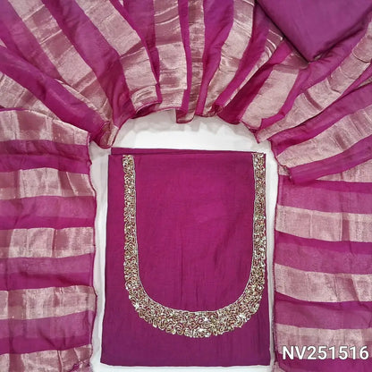 Dark Pink soft silk cotton unstitched salwar material (Lining needed) sugar bead, sequins on yoke, matching silky bottom, tissue lines silk cotton dupatta. NV251516