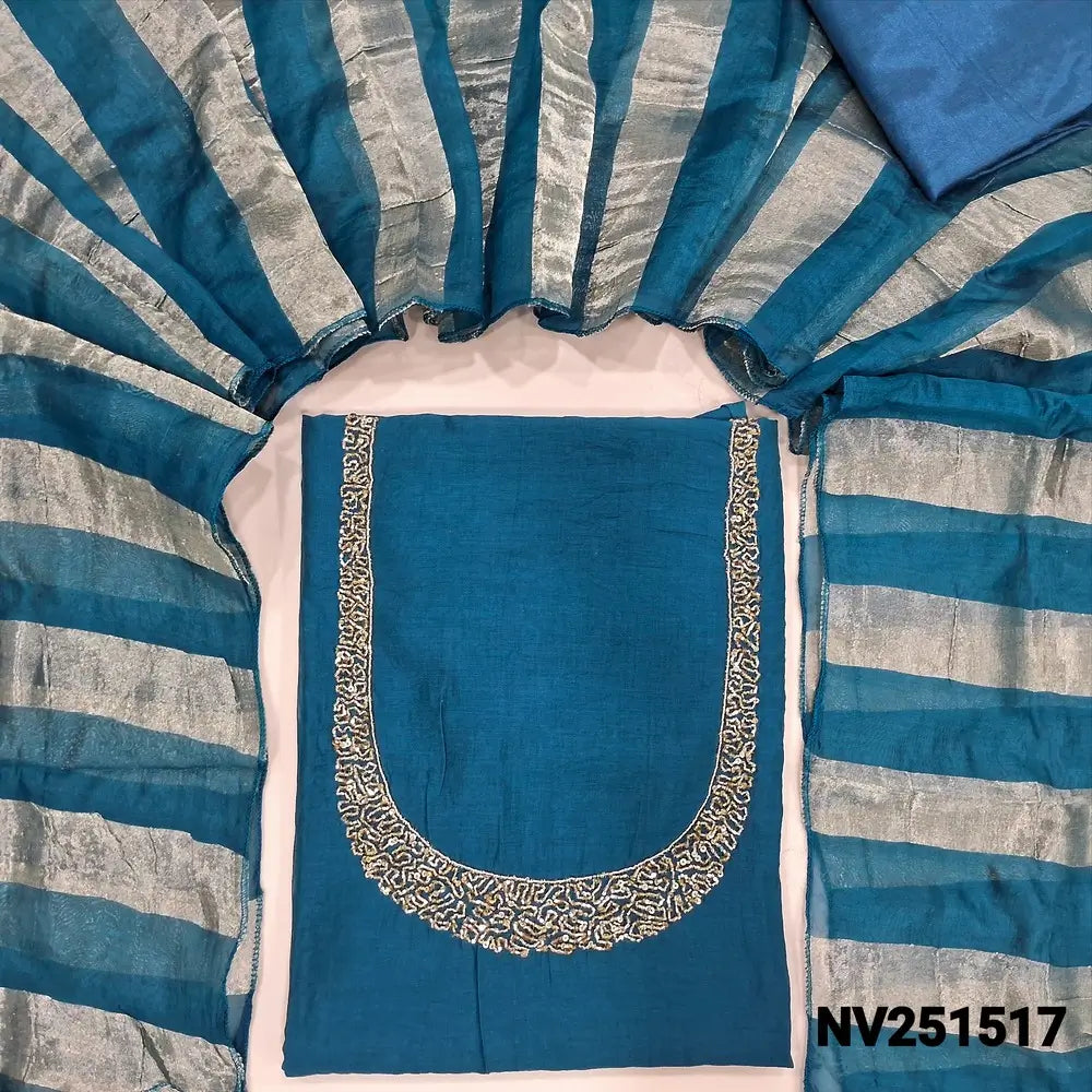 Teal Blue soft silk cotton unstitched salwar material (Lining needed) sugar bead, sequins on yoke, matching silky bottom, tissue lines silk cotton dupatta. NV251517