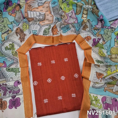 Rust orange premium raw silk unstitched salwar material (textured, Lining Needed) thread woven buttas all over, silver grey silk cotton bottom, original pen kalamkari silk dupatta with zari borders. NV251601