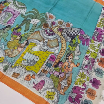 Rust orange premium raw silk unstitched salwar material (textured, Lining Needed) thread woven buttas all over, silver grey silk cotton bottom, original pen kalamkari silk dupatta with zari borders. NV251601