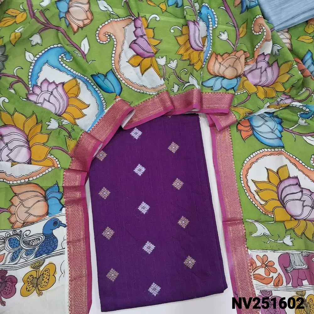 Dark purple premium raw silk unstitched salwar material (textured, Lining Needed) thread woven buttas all over, silver grey silk cotton bottom, original pen kalamkari silk dupatta with zari borders. NV251602