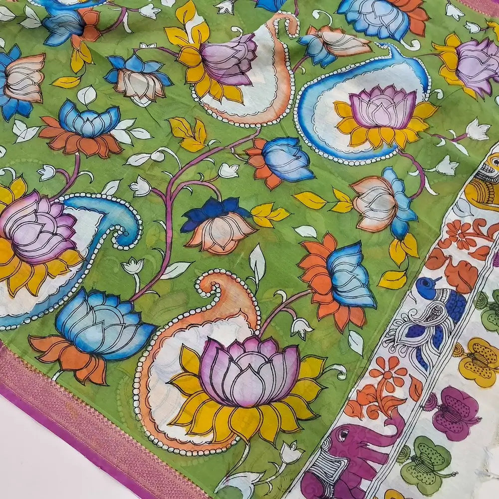 Dark purple premium raw silk unstitched salwar material (textured, Lining Needed) thread woven buttas all over, silver grey silk cotton bottom, original pen kalamkari silk dupatta with zari borders. NV251602