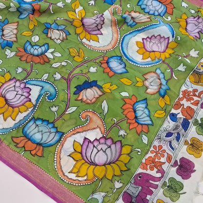 Dark purple premium raw silk unstitched salwar material (textured, Lining Needed) thread woven buttas all over, silver grey silk cotton bottom, original pen kalamkari silk dupatta with zari borders. NV251602