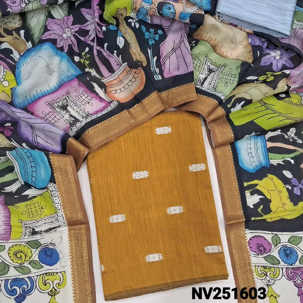 Golden mehandhi  yellow premium raw silk unstitched salwar material (textured, Lining Needed) thread woven buttas all over, silver grey silk cotton bottom, original pen kalamkari silk dupatta with zari borders. NV251603