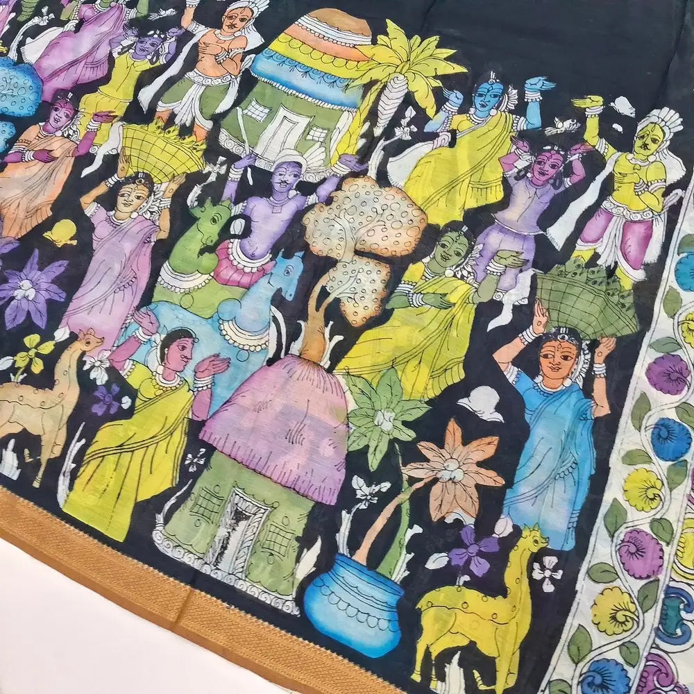 Golden mehandhi  yellow premium raw silk unstitched salwar material (textured, Lining Needed) thread woven buttas all over, silver grey silk cotton bottom, original pen kalamkari silk dupatta with zari borders. NV251603